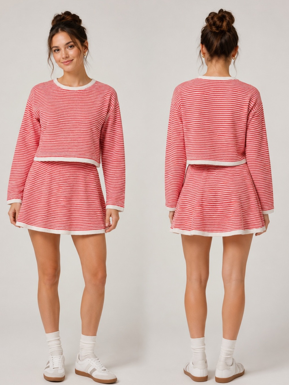 Orange Ribbed knit striped 2 pcs set Cotton long sleeves tops mini Skirt size S